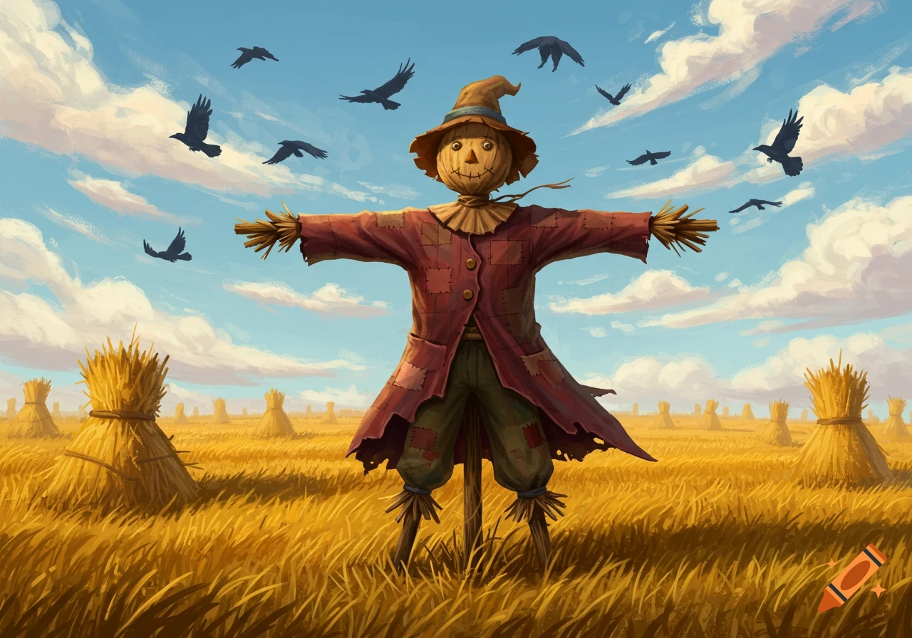 An illustrative image of a scarecrow in a golden hay field with several crows flying overhead under a blue sky.