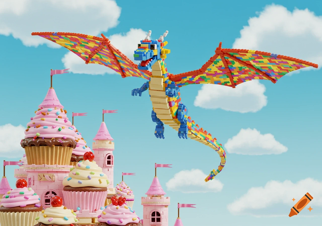 A colorful LEGO block dragon with rainbow wings flies over a pink cupcake castle under a blue sky.