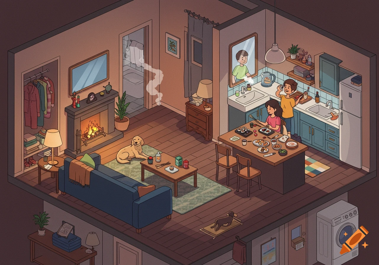 Isometric cartoon of a cozy apartment: a family eats sushi in the kitchen, a dog relaxes by the fireplace, and various rooms are shown.