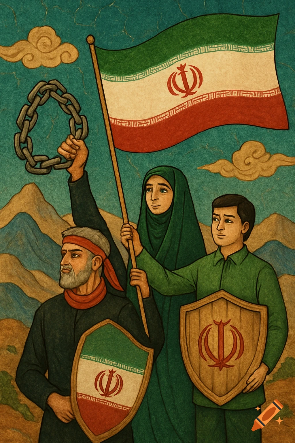 A traditional Persian illustration depicting an older man, a woman in a hijab, and a boy holding an Iranian flag and shields, set against a mountainous landscape.