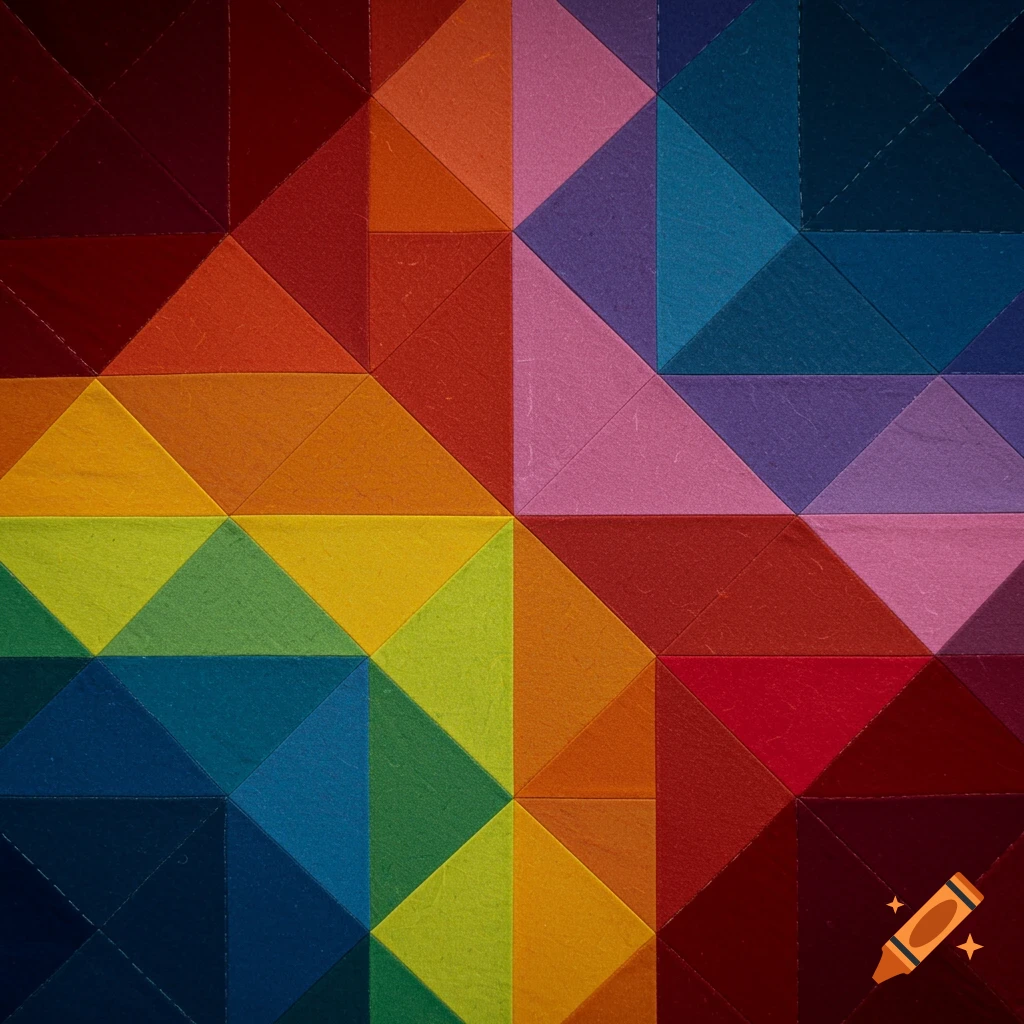 A colorful quilt block made of triangular fabric pieces forming a geometric pattern with a full spectrum of colors.