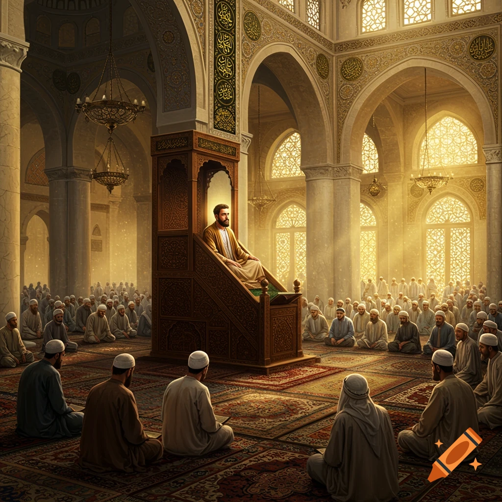 A bearded man in golden robes sits on a highly decorative wooden minbar, illuminated by divine light, addressing a large congregation of men sitting on prayer rugs in a grand, sunlit mosque.