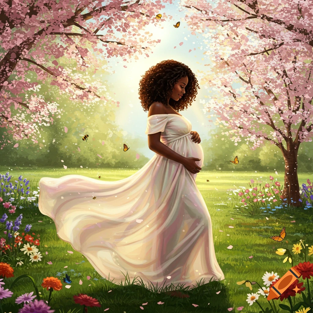 A pregnant Black woman in a white gown in a lush, sunlit meadow with blooming cherry trees, wildflowers, and butterflies.