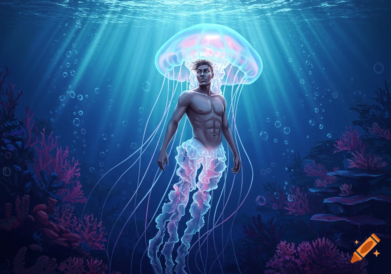 A dark-skinned jellyfish merman with glowing tendrils floats in a vibrant blue underwater world with coral.