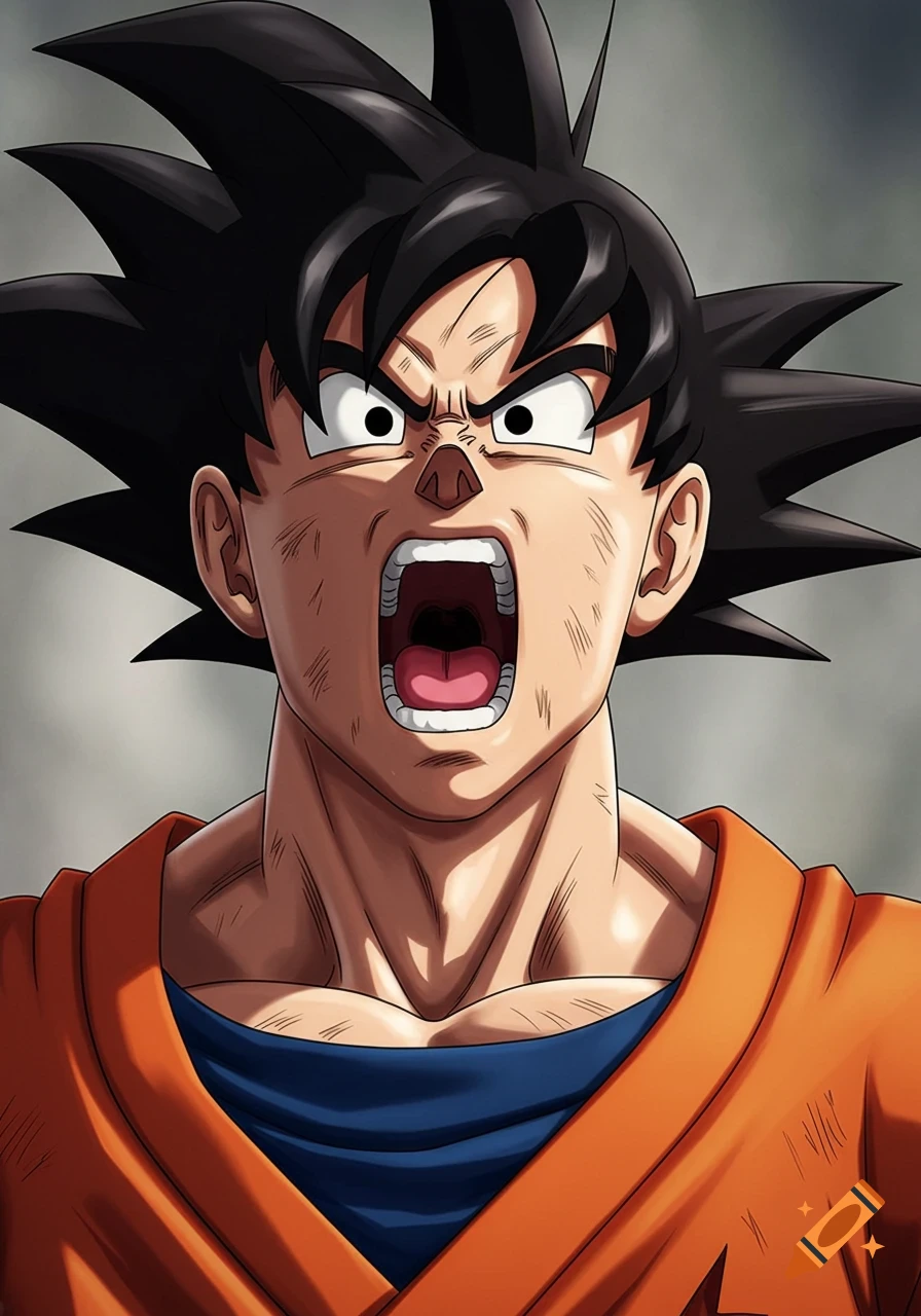Close-up anime portrait of Goku from Dragon Ball Z with his mouth wide open, screaming and showing battle damage.