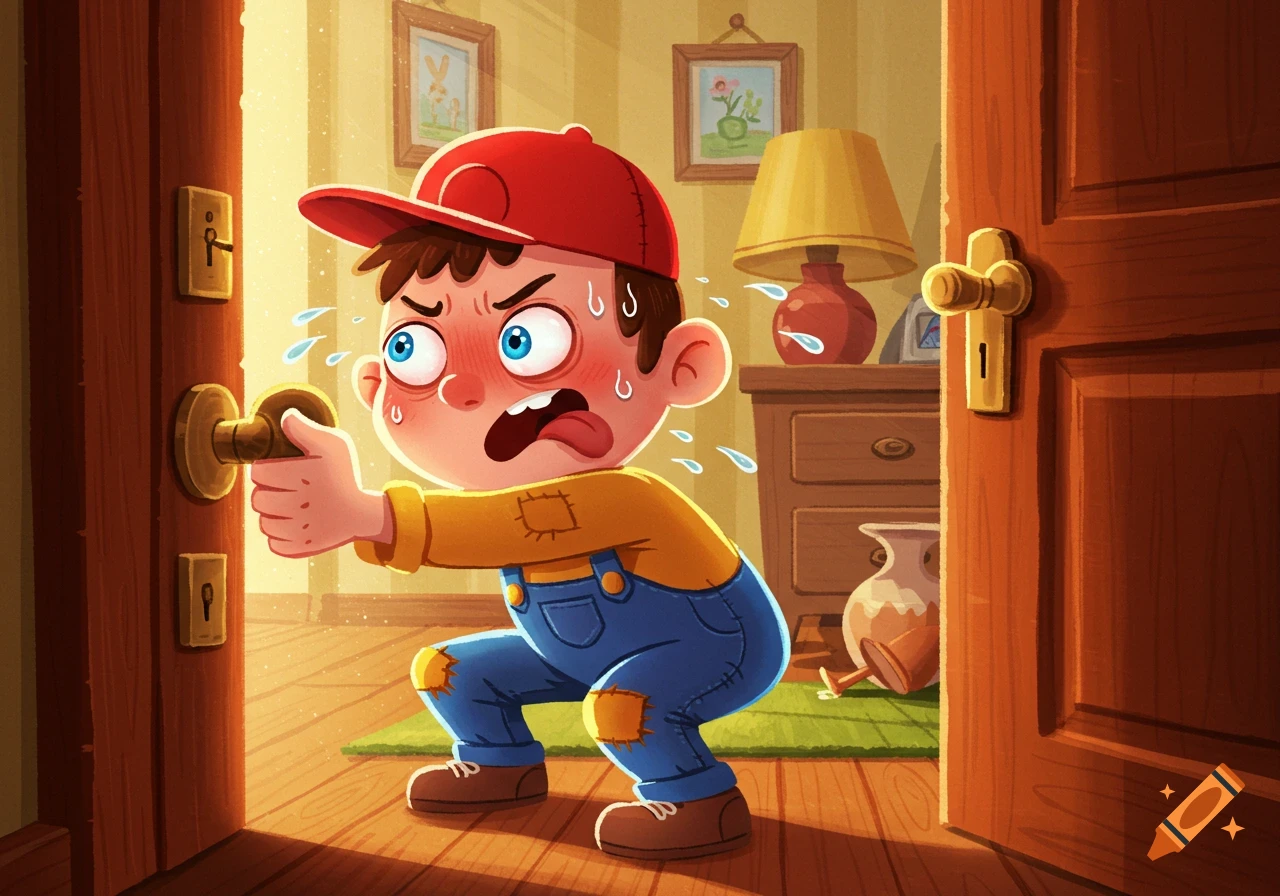 A cartoon boy with a red cap is sweating and straining to open a wooden door, his face showing frustration.