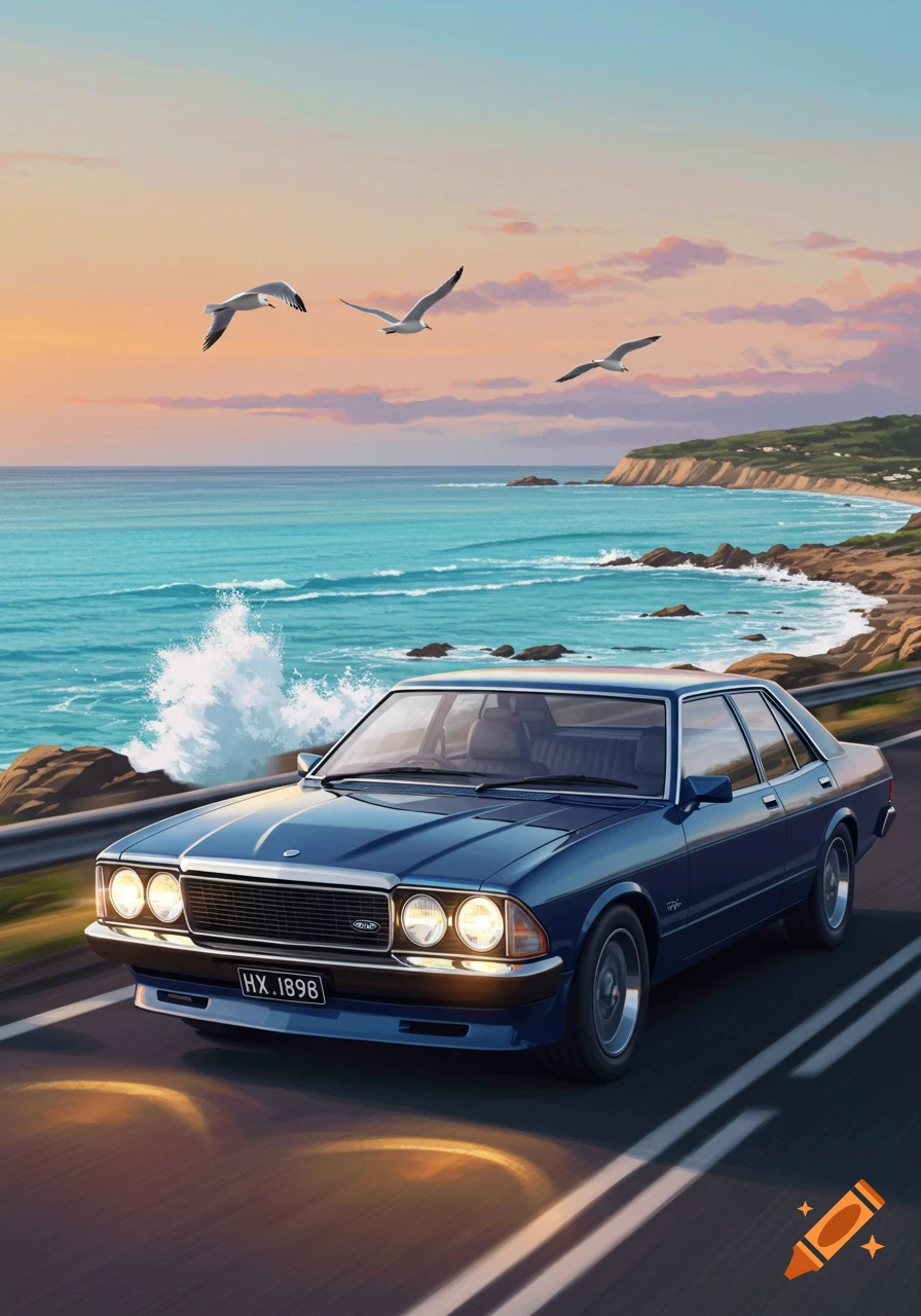 A blue vintage car drives on a coastal road with ocean waves and seagulls under a sunset sky.