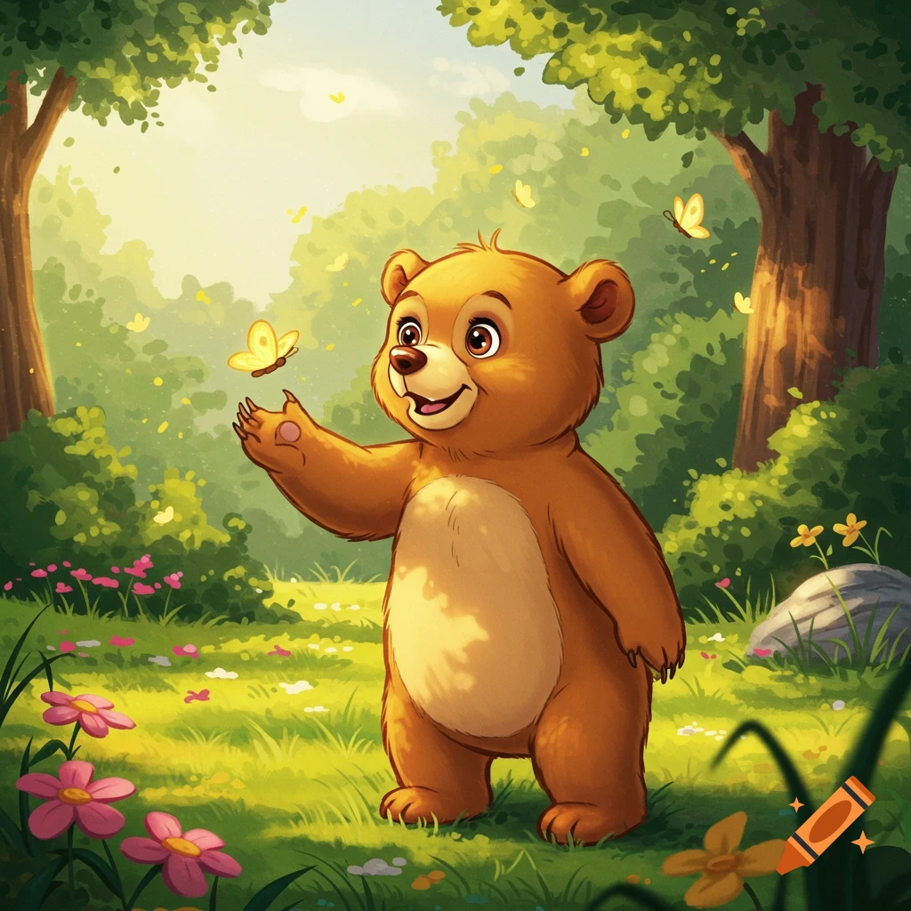 A cheerful cartoon bear stands in a sunny forest, reaching out to a yellow butterfly. Pink flowers dot the vibrant green grass.
