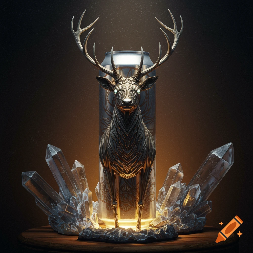 A metallic deer figure with glowing eyes stands in front of a beer can, surrounded by glowing crystals.