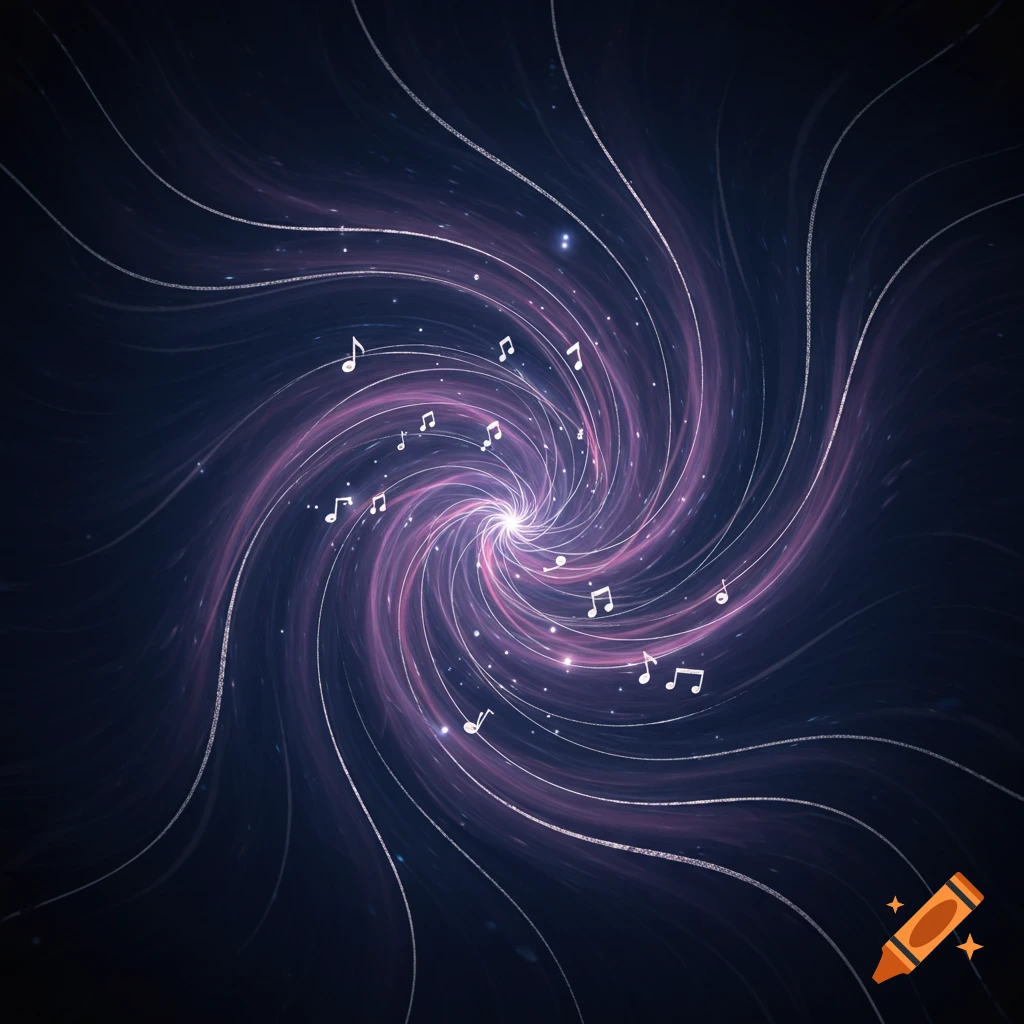 A glowing purple and white light vortex with musical notes swirling against a dark background, resembling a galaxy.