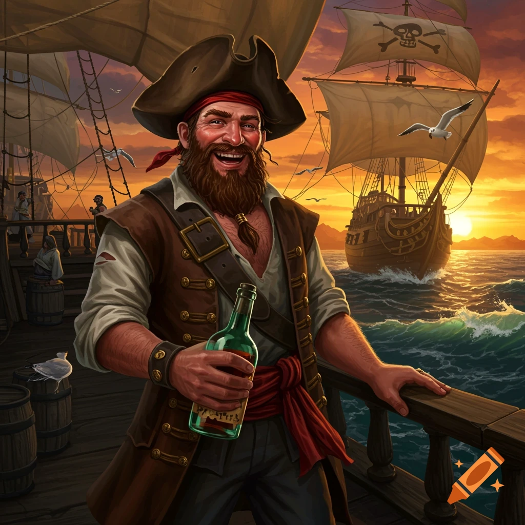 A smiling bearded pirate holding a bottle on a ship deck at sunset, with other ships in the background.