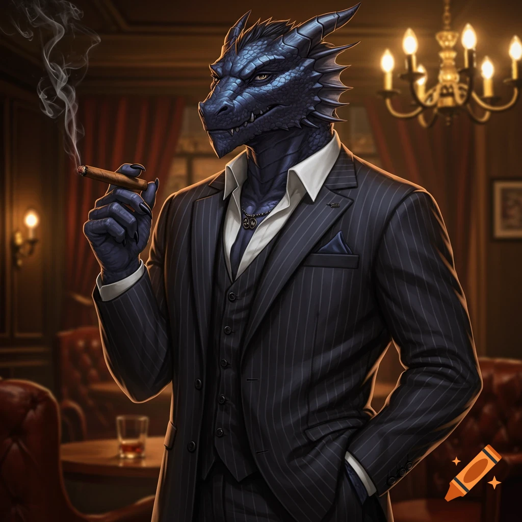 A blue anthropomorphic dragon in a pinstripe suit smokes a cigar in a dimly lit, luxurious room.