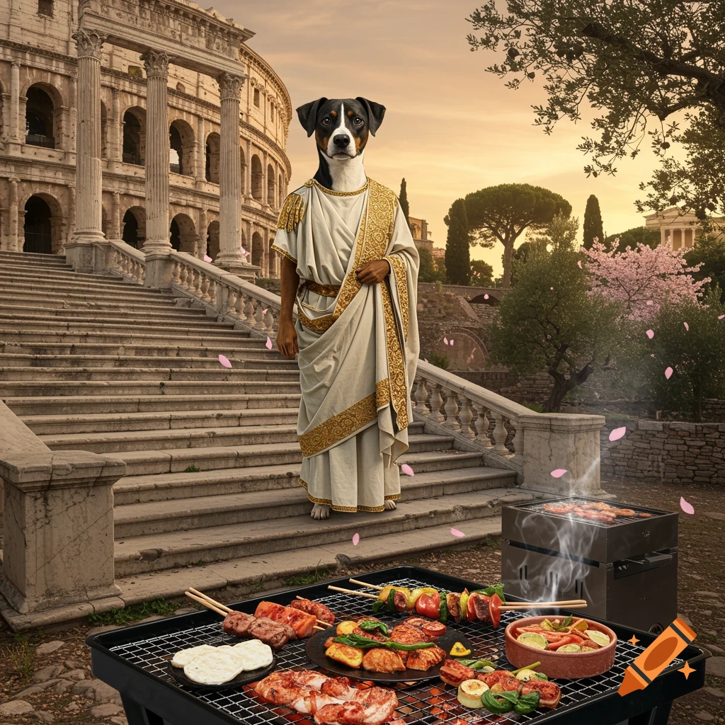 A photorealistic image of a dog wearing a toga, standing on stairs in front of the Colosseum, with a grill full of food in the foreground.