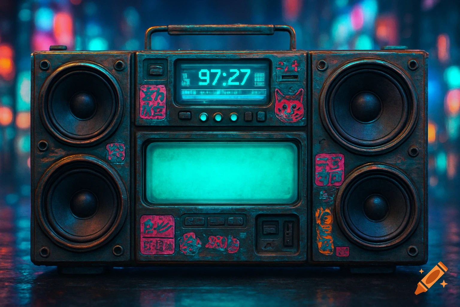 A close-up, front view of a worn, retro cyberpunk ghetto blaster with multiple speakers, glowing teal screens, and stylized red Japanese graffiti stickers on a dark, neon-lit background.