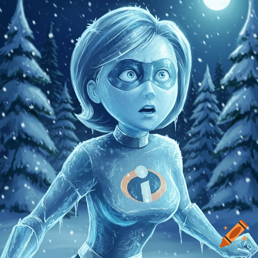 Elastigirl, frozen in a block of ice with a surprised expression, stands in a snowy forest under a full moon.