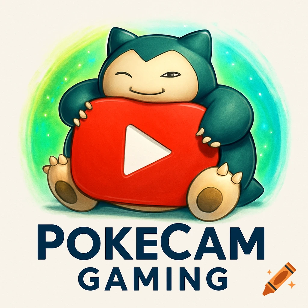 Cartoon Snorlax holding a YouTube logo with 'POKECAM GAMING' text below, on a light background.