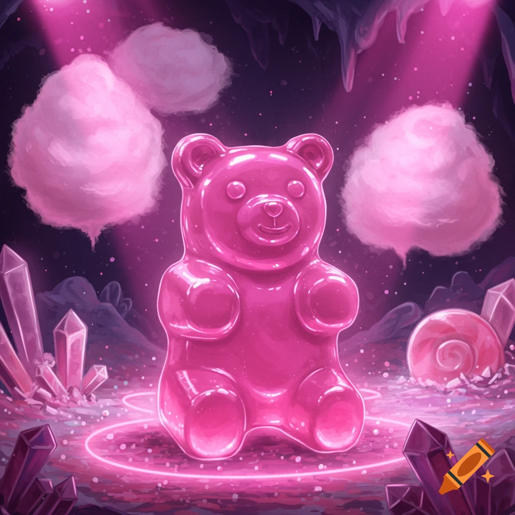 A vibrant pink gummy bear stands prominently in a dark, glowing cave adorned with pink crystals and soft cotton candy clouds.