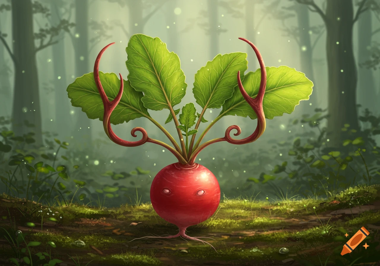 A whimsical red radish creature with green leaves and red antler-like tendrils stands on a mossy forest floor in a misty green forest.
