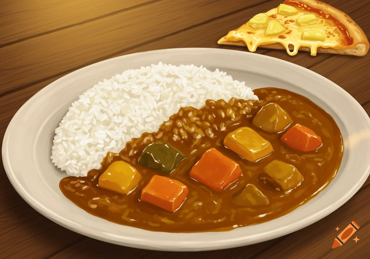 An illustration of Japanese curry with white rice on a plate, next to a slice of pineapple pizza, on a wooden table.