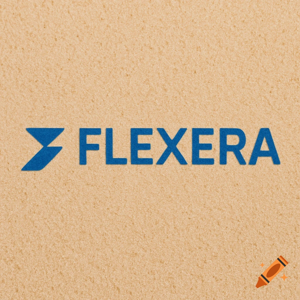 A blue Flexera logo and text on a light brown sandy texture.