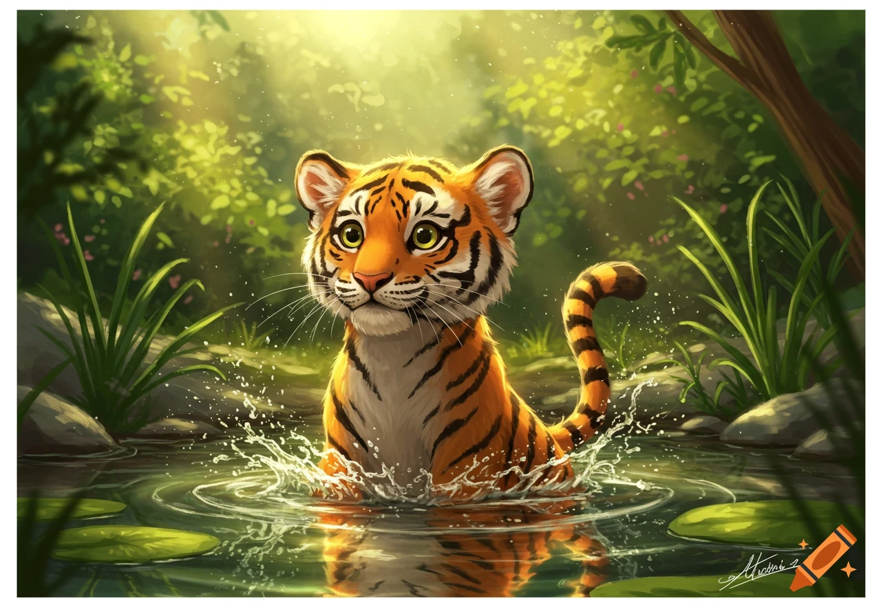 A cute cartoon tiger splashes in a sunlit jungle pond.