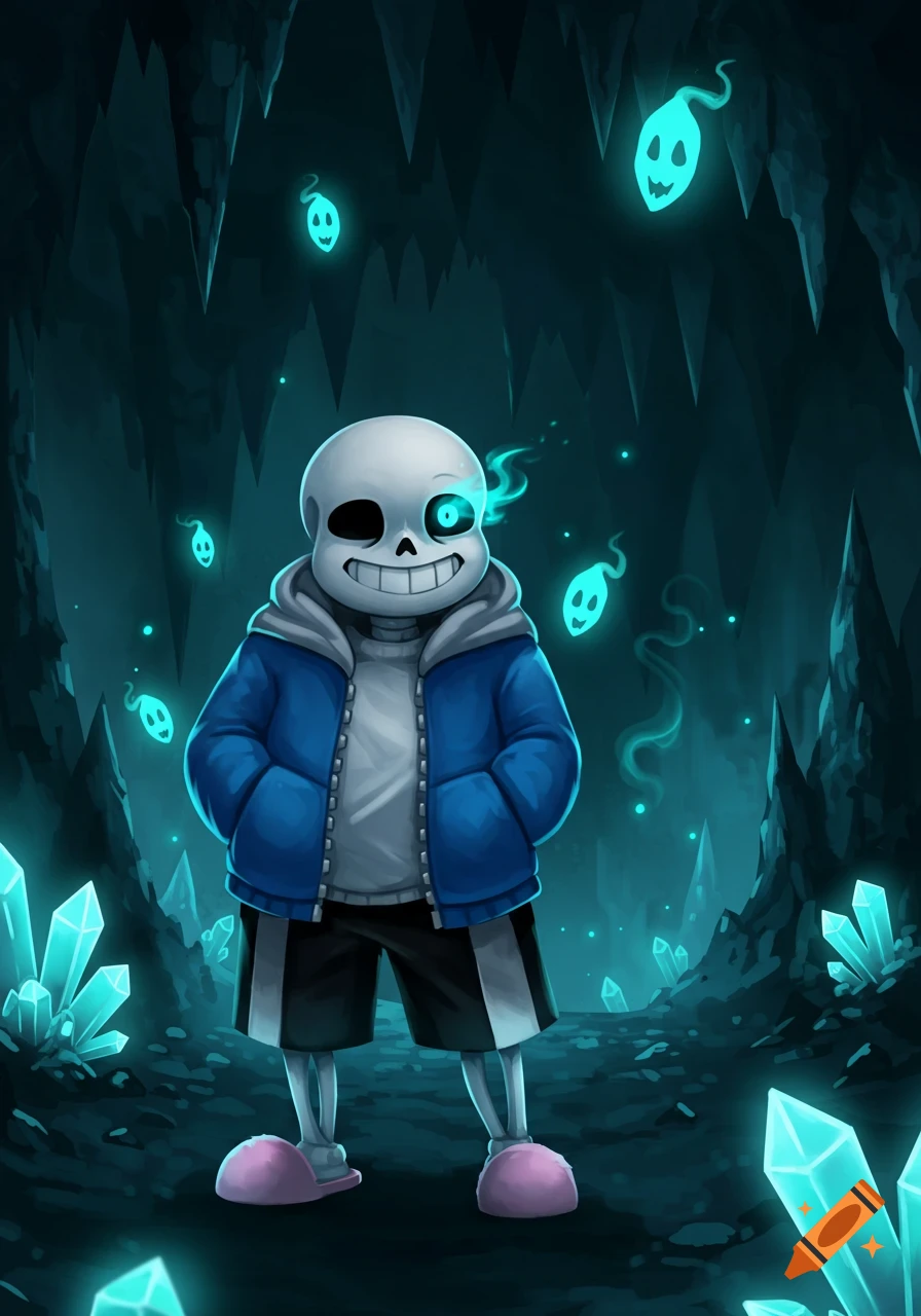 Cartoon illustration of Sans from Undertale, a skeleton wearing a blue jacket, standing in a dark cave with glowing blue crystals and spirits.