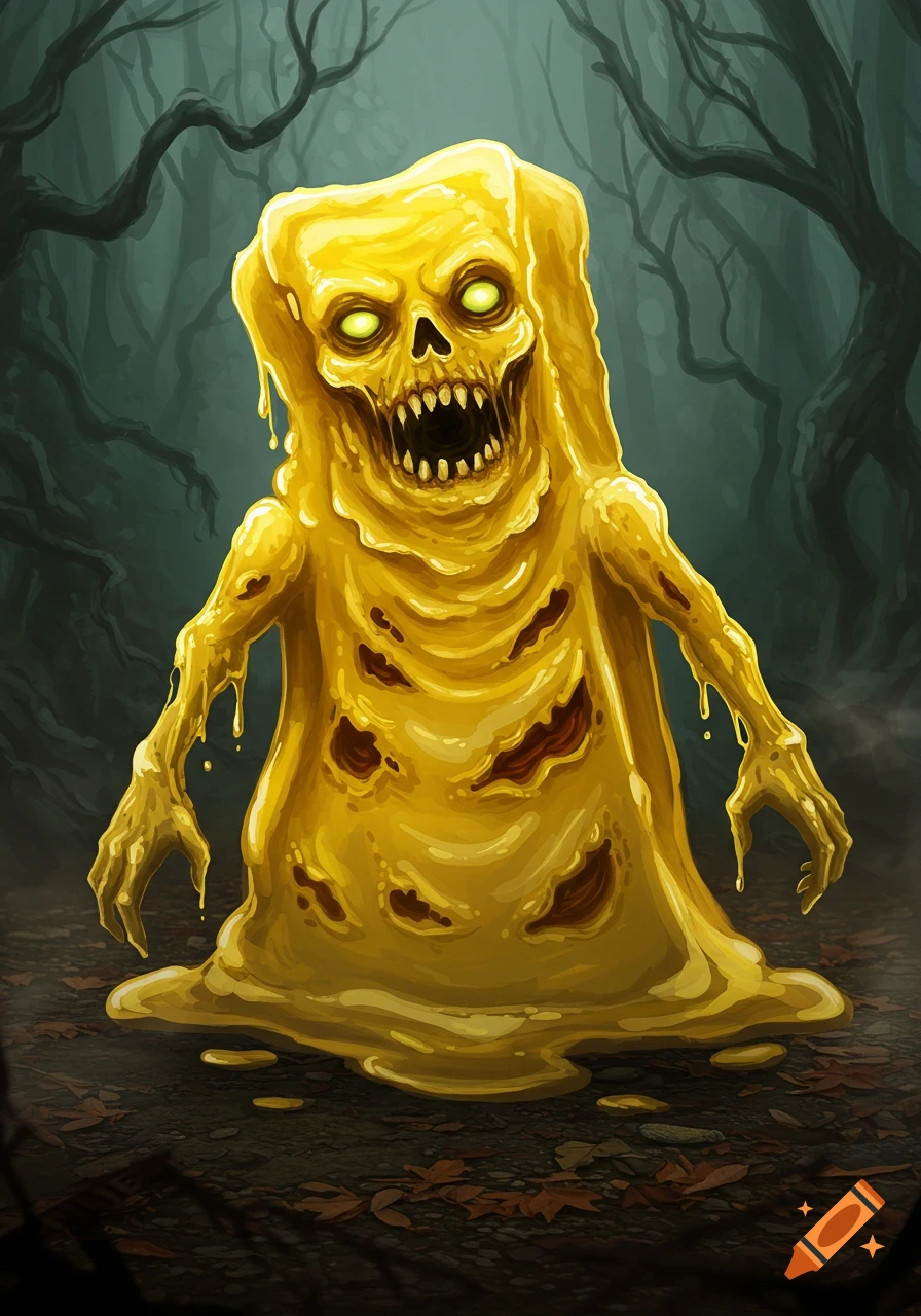 A scary yellow butter zombie with glowing eyes and jagged teeth stands in a dark forest.