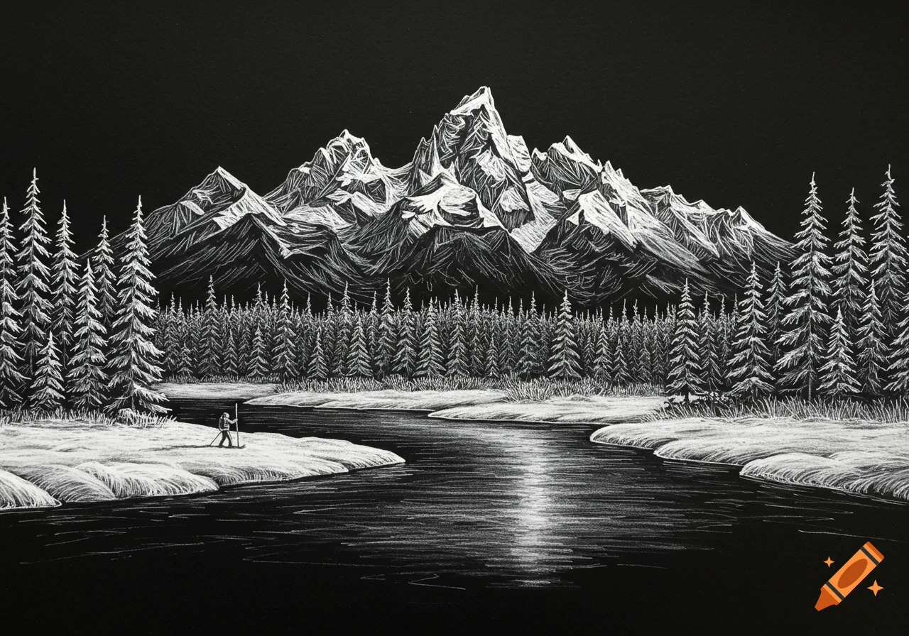 White pencil sketch on black paper of snow-capped mountains over a river lined with pine trees, with a distant figure.