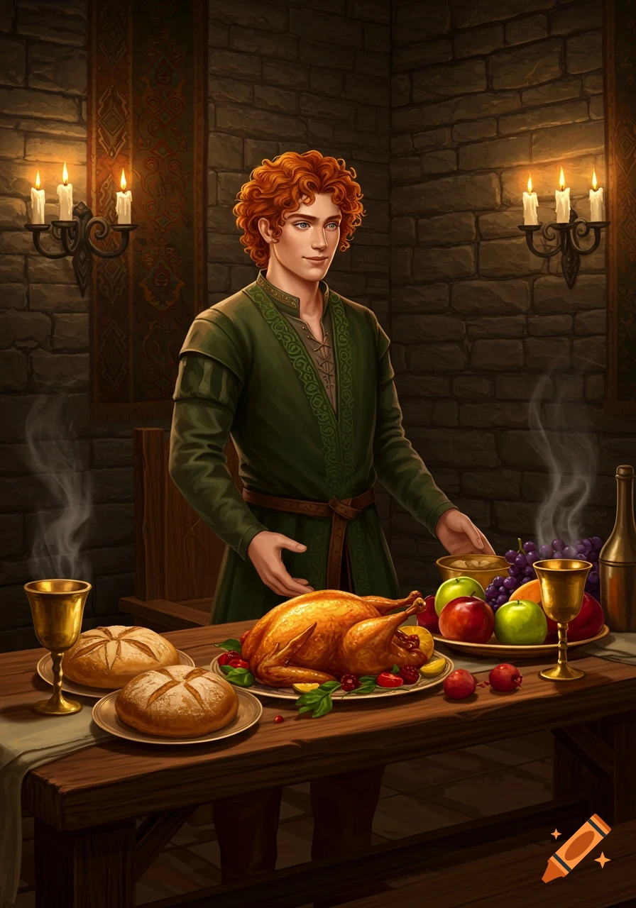 A red-haired man in medieval clothes stands behind a wooden table filled with a roasted turkey, bread, fruits, and goblets, in a candle-lit stone room.
