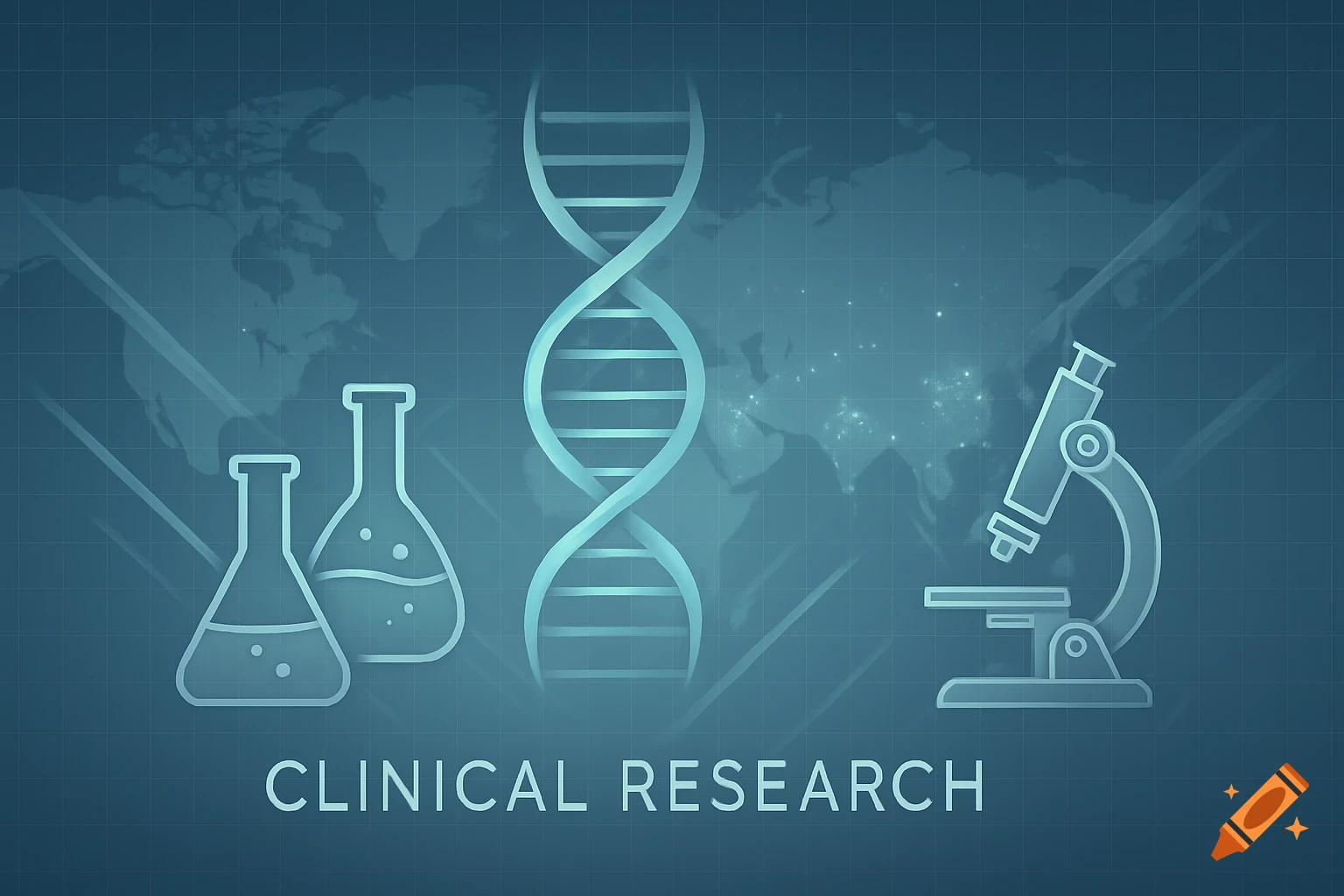 A digital illustration featuring a DNA helix, two flasks, and a microscope against a world map background, with the text "CLINICAL RESEARCH."