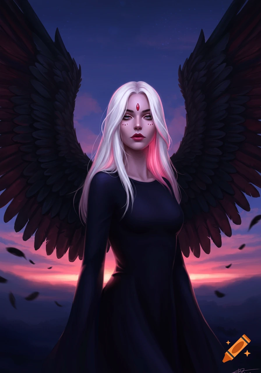 A digital illustration of a female fantasy character with long white and pink hair, black wings, and a dark dress against a sunset sky.