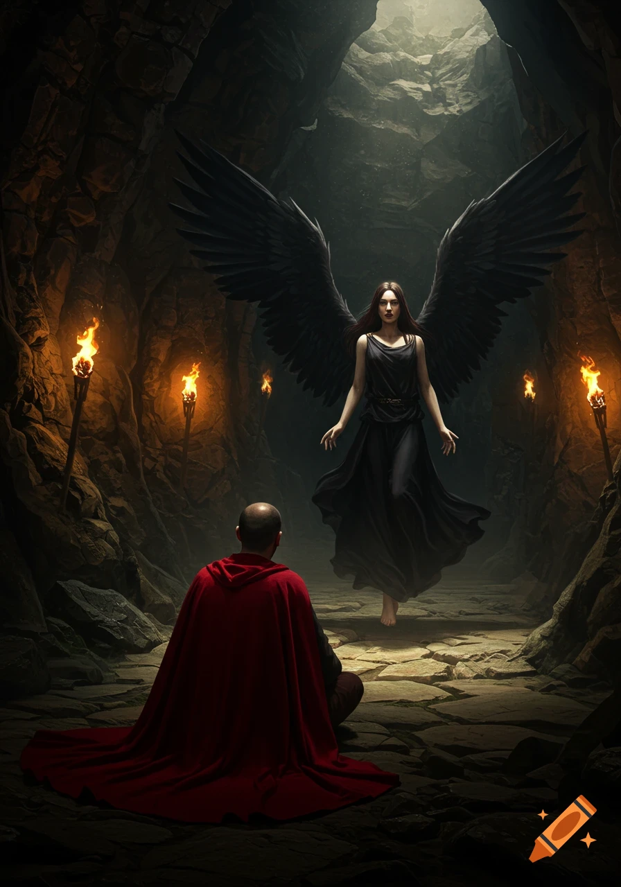 A man in a red cape sits in a dark cave, looking up at a dark angel with large black wings illuminated by light from above and torches.