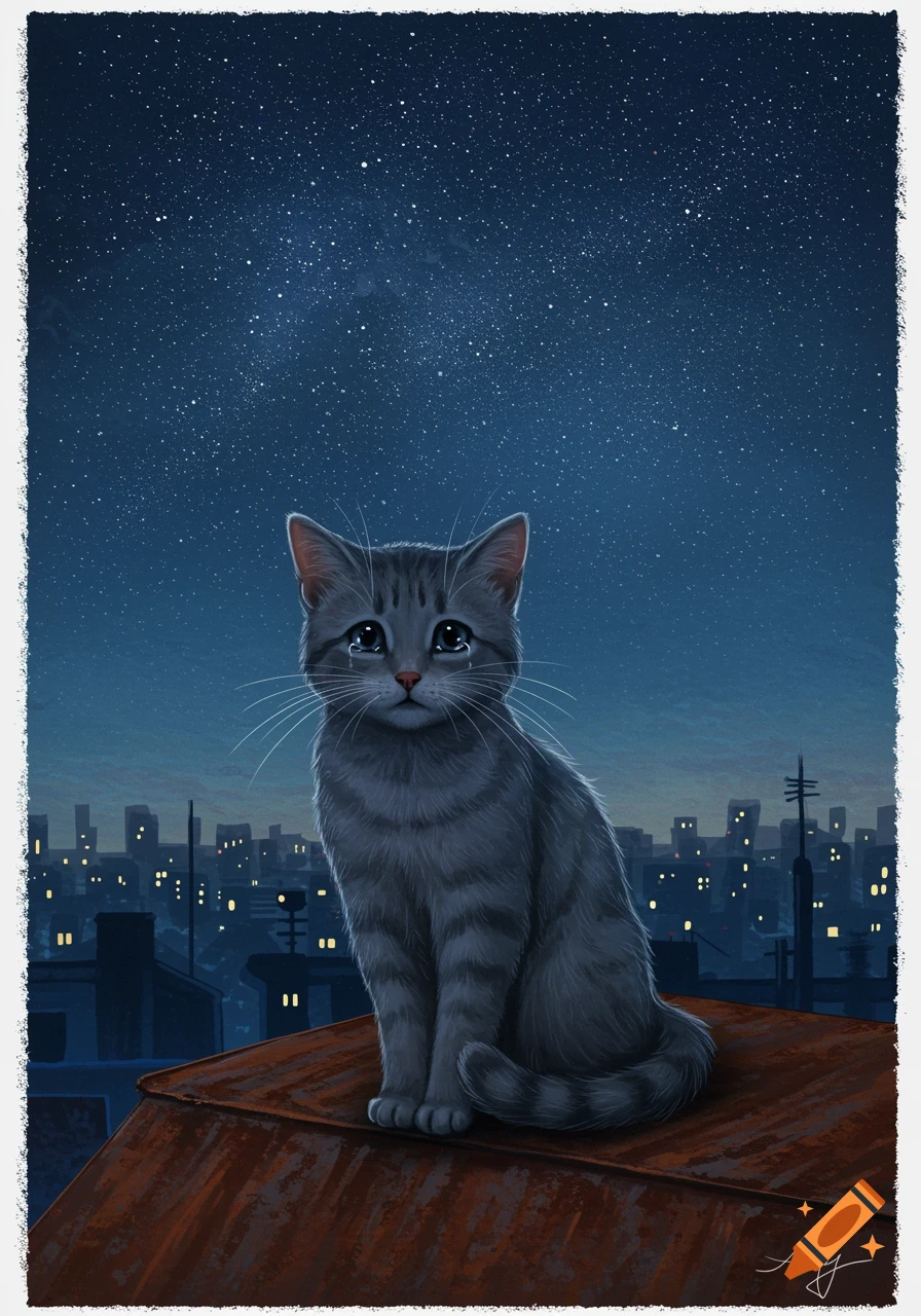 An illustration of a sad grey tabby cat crying on a rusty rooftop at night, with a starry sky and city lights in the background.