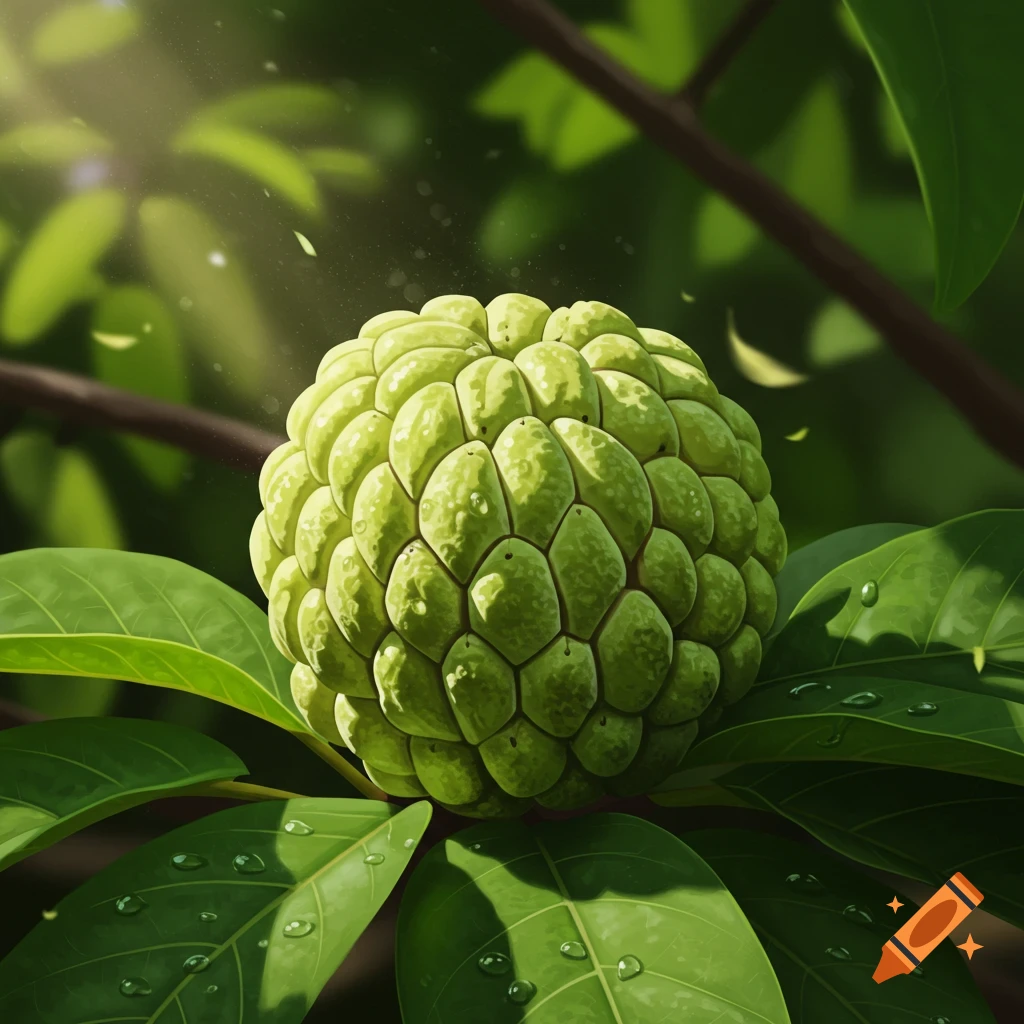 A close-up shot of a bumpy green sugar apple on a branch with green leaves and water droplets.