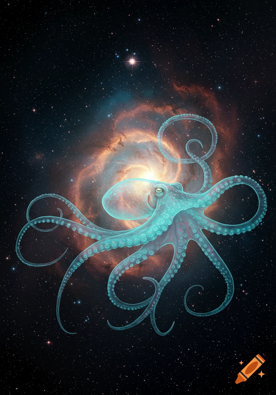 A large, glowing, blue-green octopus with long tentacles floats in deep space with a bright orange and red nebula and stars behind it.
