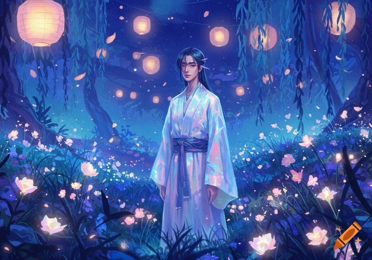 A male character in a flowing white and purple robe stands in a mystical blue forest filled with glowing lanterns and pink flowers.