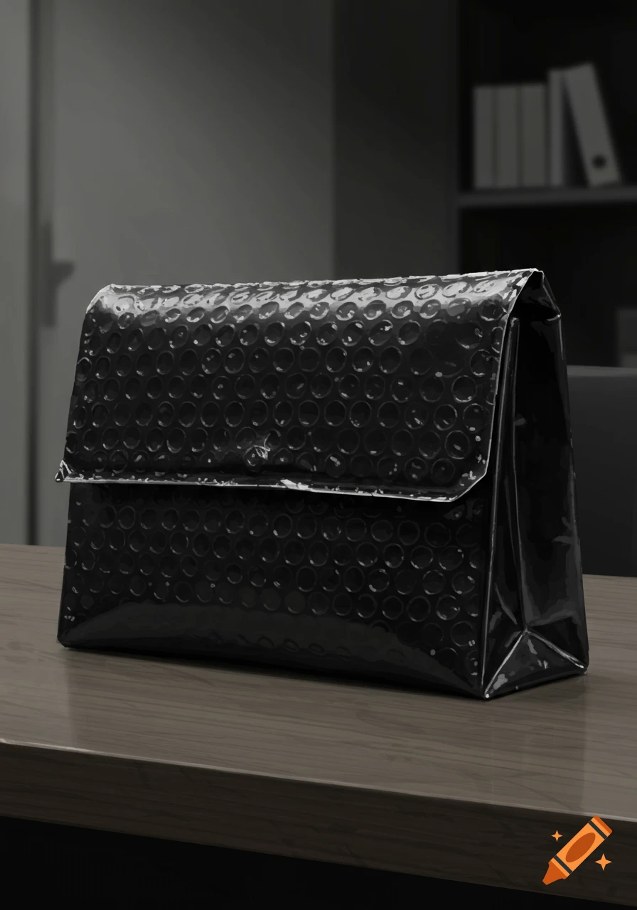 A black bubble mailing satchel sitting on a wooden desk in a blurred office setting.