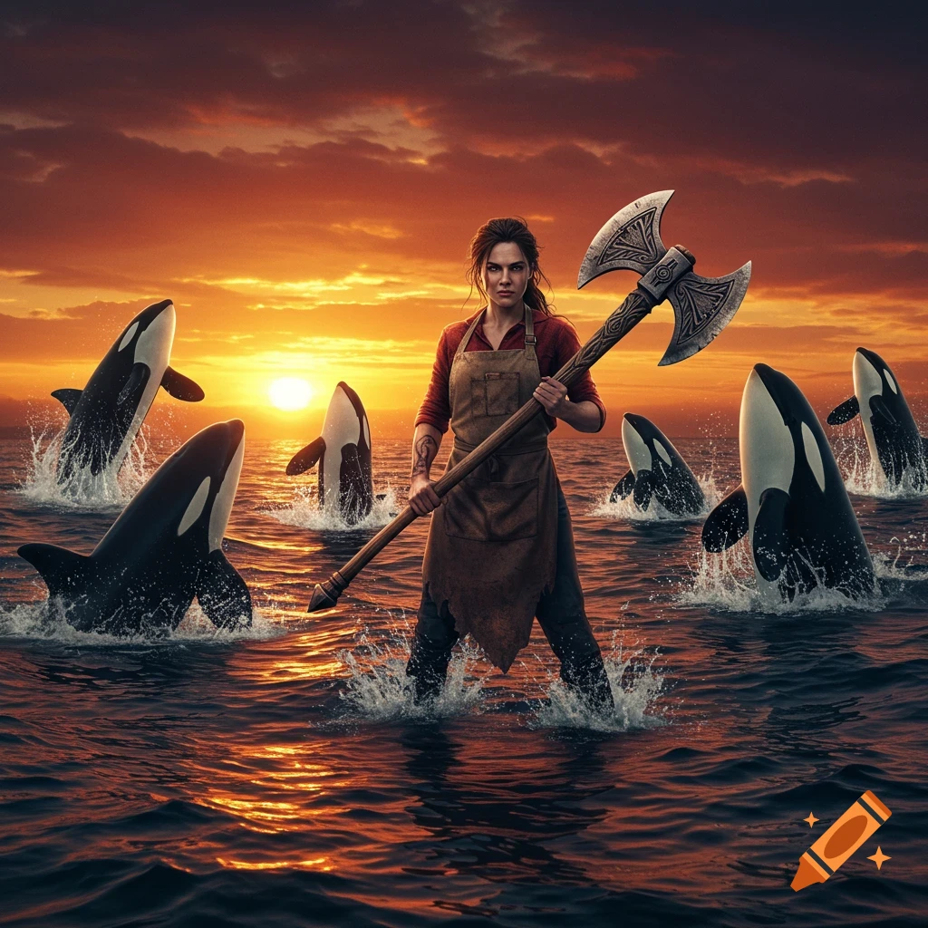 A woman in an apron holds a battle axe, standing in water surrounded by orcas at sunset under an orange sky.