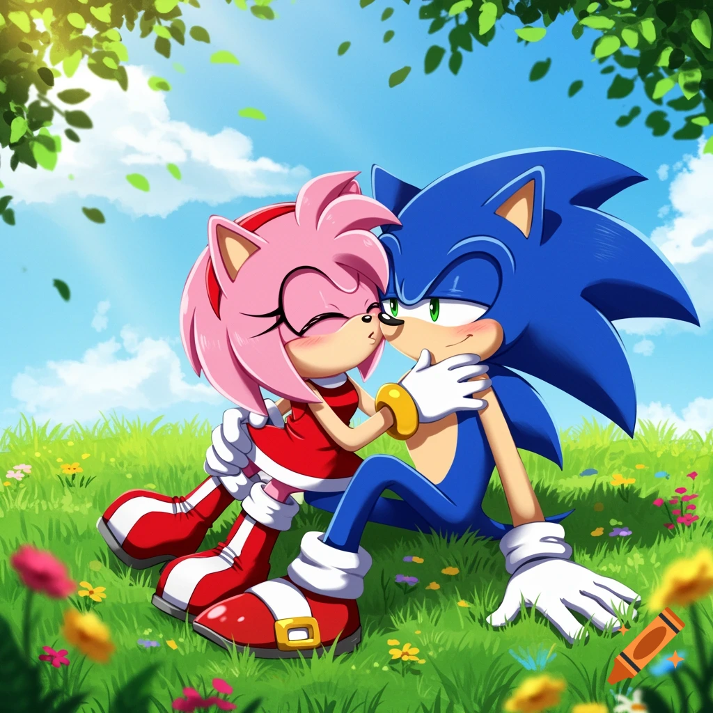 Sonic the Hedgehog and Amy Rose kissing in a sunny grassy field under a tree.