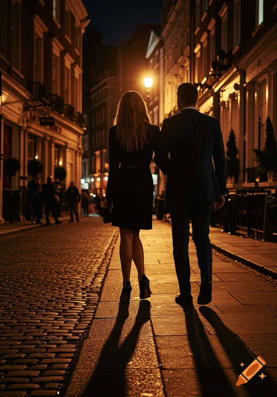 A man and woman walk down a cobblestone street at night, lit by streetlights.