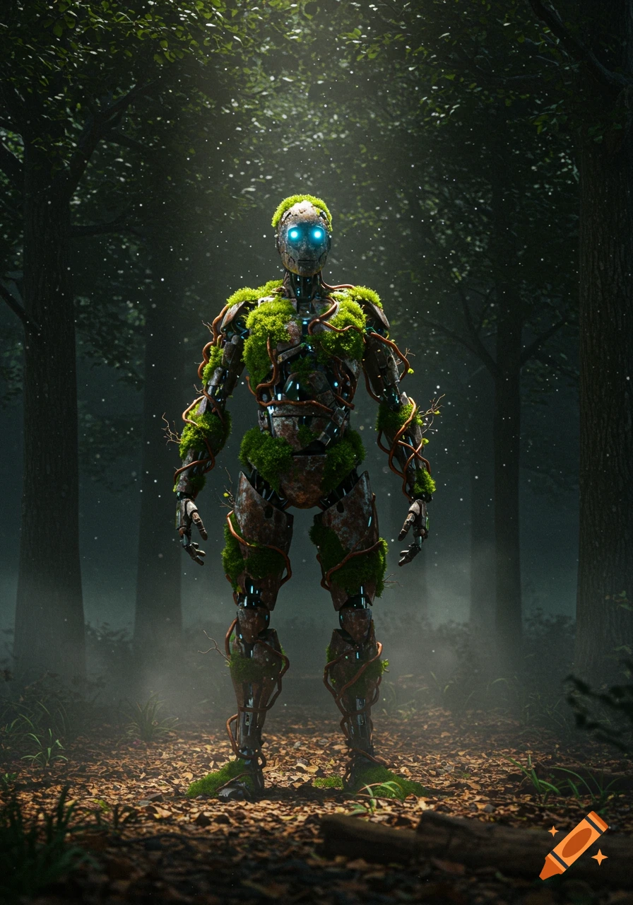 A moss and vine-covered robot with glowing blue eyes stands in a misty, sunlit forest.