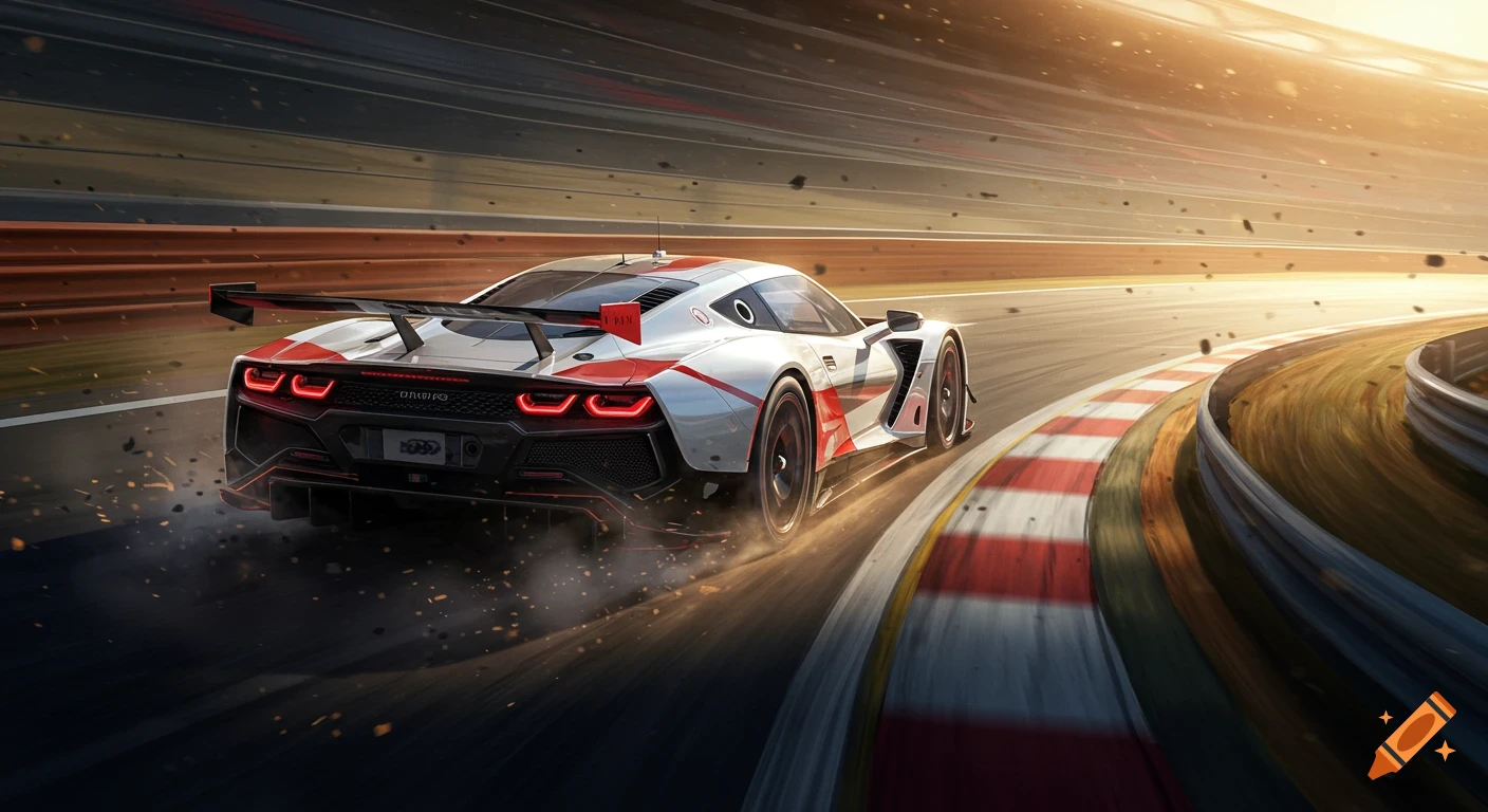 A white and red race car speeding through a high-banked corner on a racetrack at sunset, kicking up dust and debris.