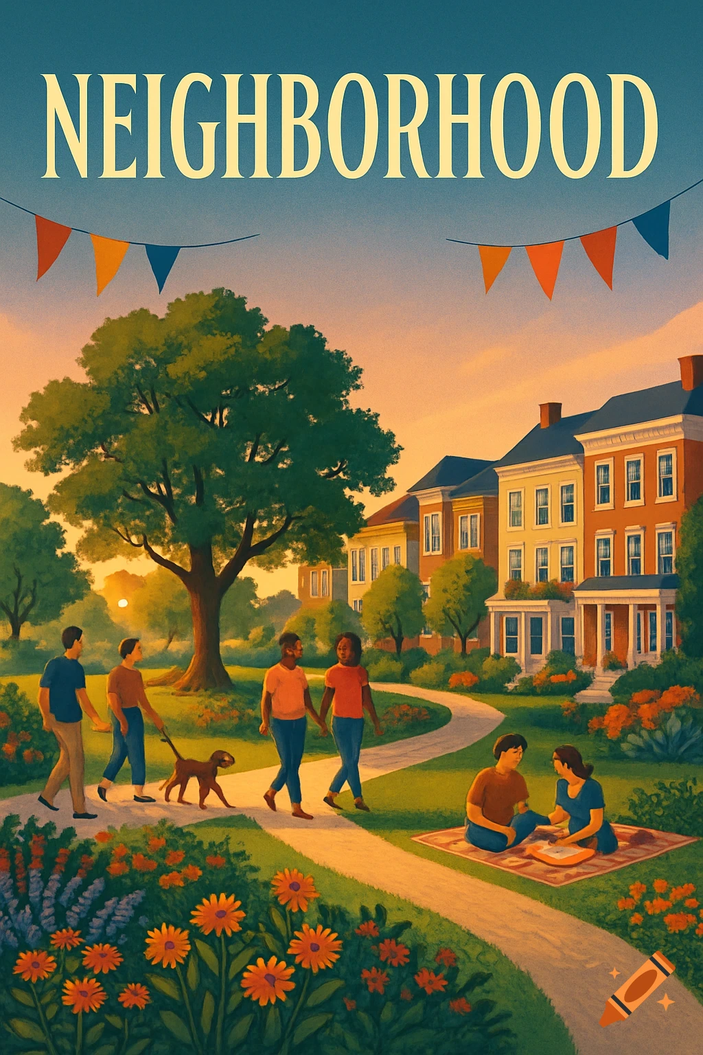Illustrated neighborhood scene with people walking and picnicking in a park, with houses and 'NEIGHBORHOOD' text at the top.