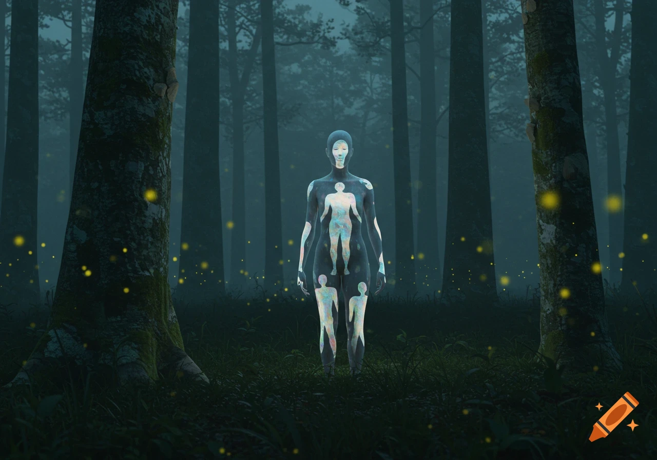 A glowing, translucent humanoid figure with internal human-shaped outlines stands in a dark, misty forest with glowing fireflies.