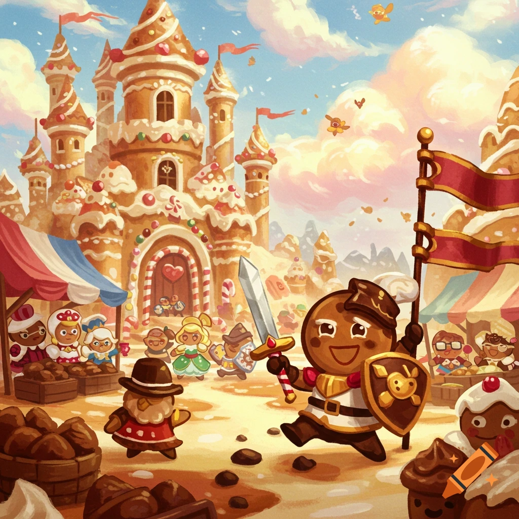 Cartoon gingerbread cookie characters, including a knight with a sword and shield, in front of a gingerbread castle and marketplace.