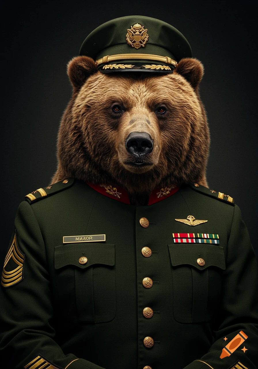 Photorealistic portrait of a grizzly bear wearing a green military dress uniform and hat.