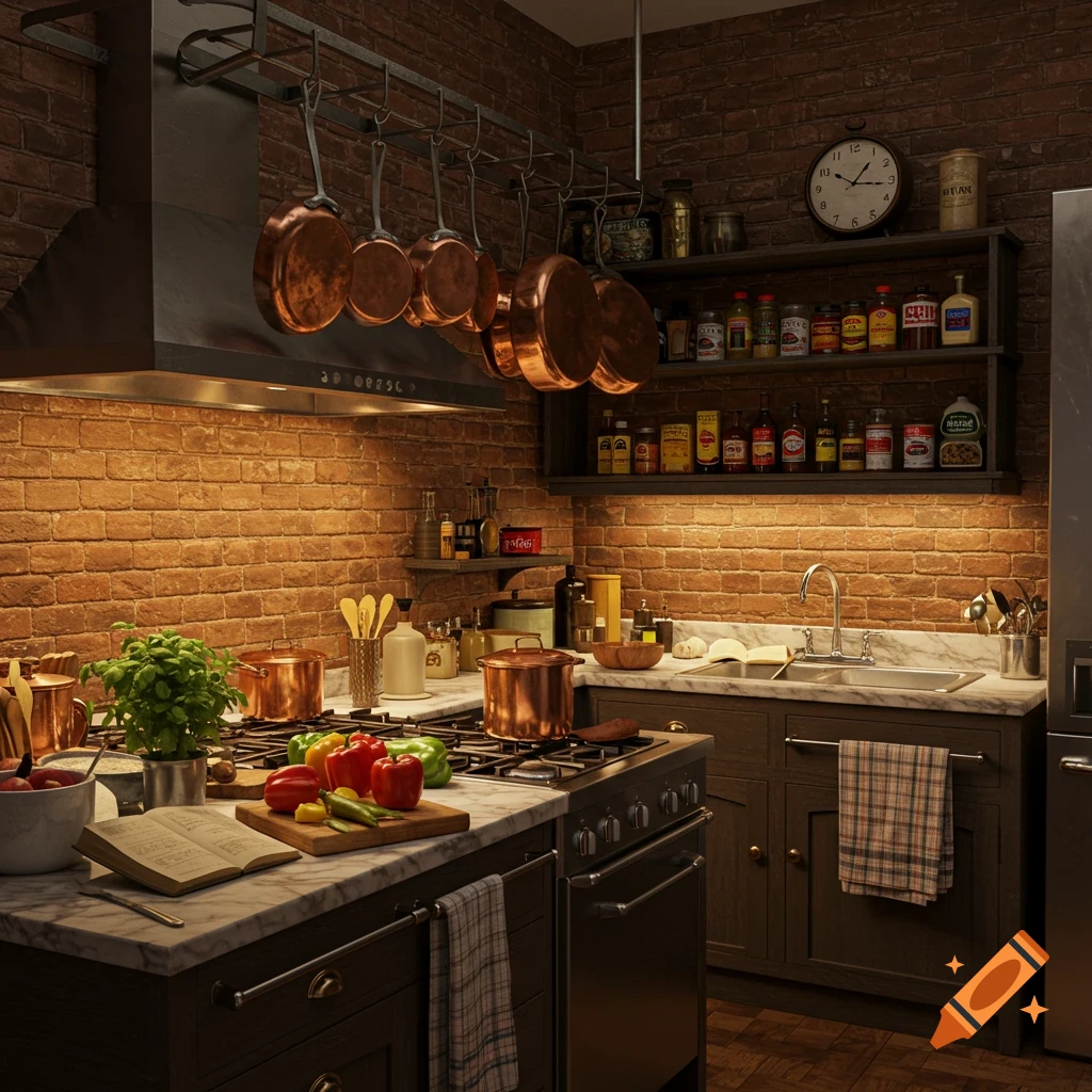 A warm, rustic kitchen with brick walls, copper pots hanging above a stove, and vegetables on a marble countertop.
