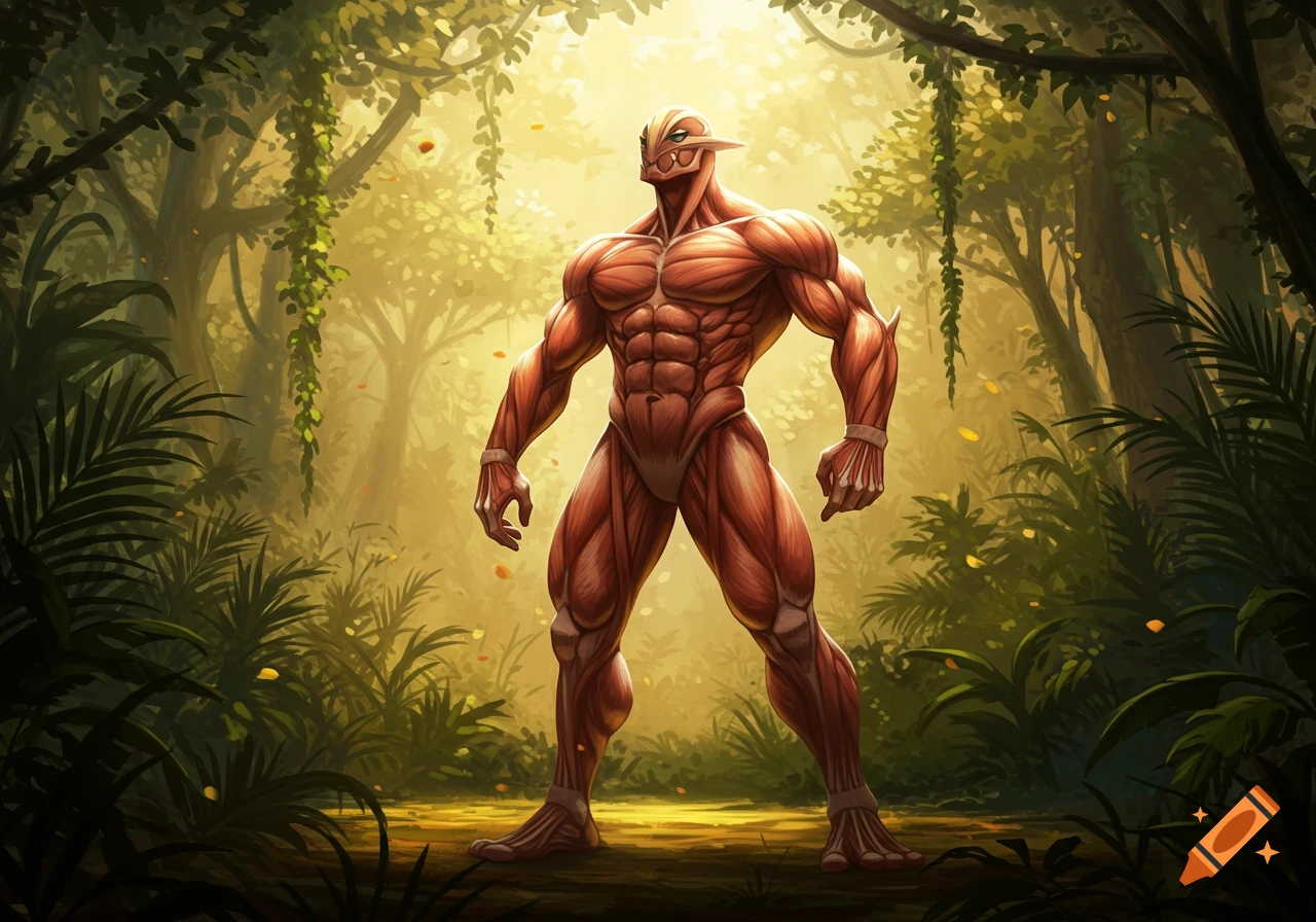 A muscular, humanoid creature with exposed muscles and a Pokémon-like head stands in a vibrant, sunlit jungle.