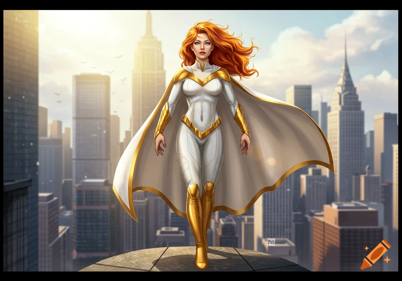 A redhead female superhero in a white and gold suit stands on a rooftop overlooking a cityscape under a bright sky.