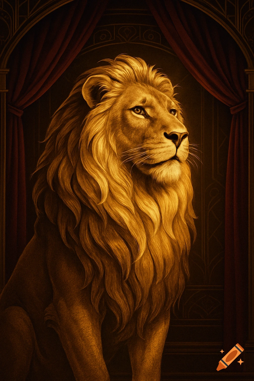 A regal golden lion with a thick mane sits against a dark, ornate background with red drapes, looking right. Detailed illustration.